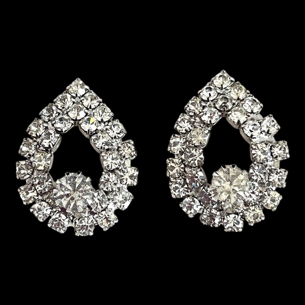 Vintage 1960s Rhinestone Clip Earrings Open Teardrop Silver Tone - 9U